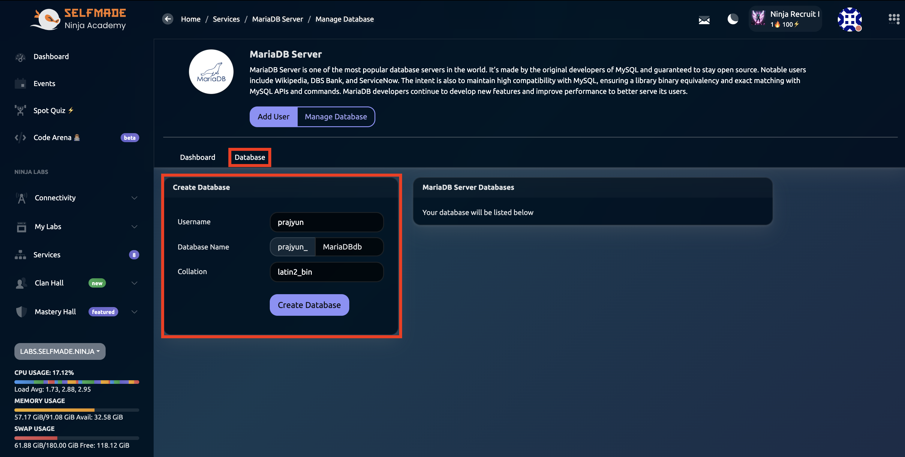 Create MariaDB Database