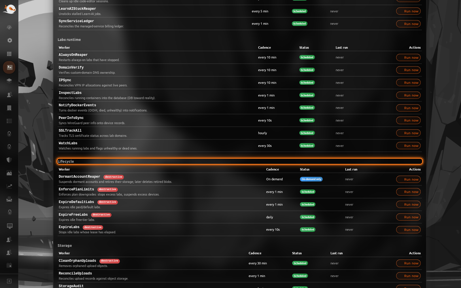 The status counts at the top and the Lifecycle group, with at least one worker showing the destructive badge, its one-line description, Last run and the Run now button.