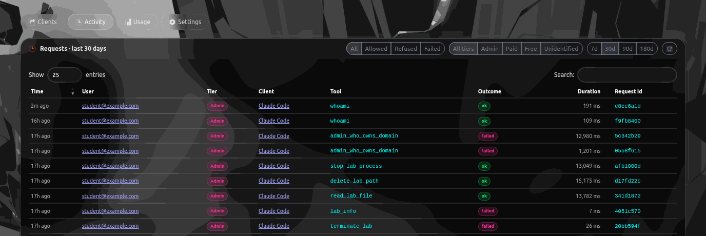 The request table with time, user, tier, client, tool, outcome, duration and request id, and the filter buttons above it.