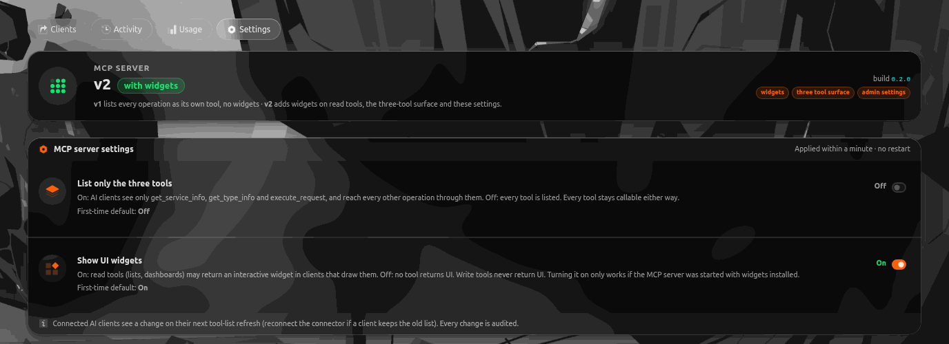 The MCP server version banner and the two switches, List only the three tools and Show UI widgets.