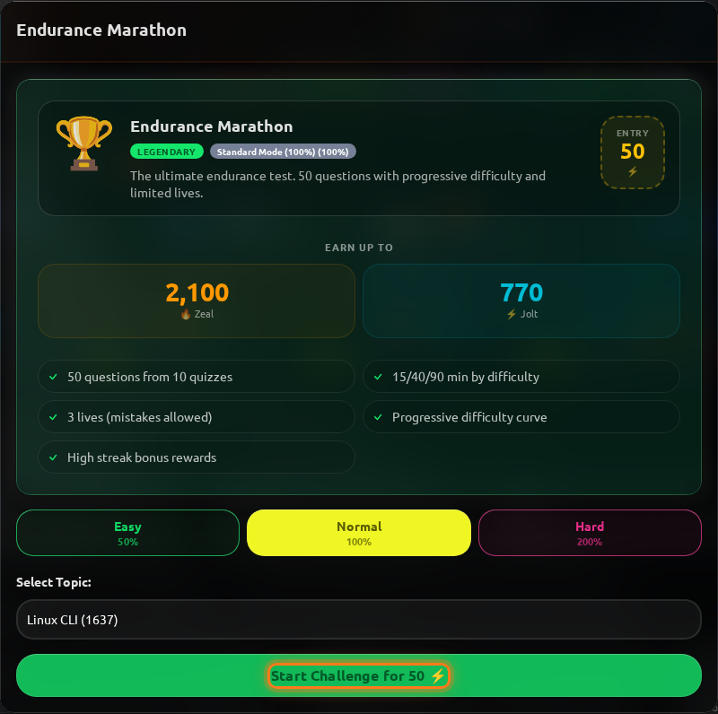 The game mode dialog: mode description and feature list, the entry fee ticket, the Easy / Normal / Hard buttons, the topic drop-down and the Start Challenge button.