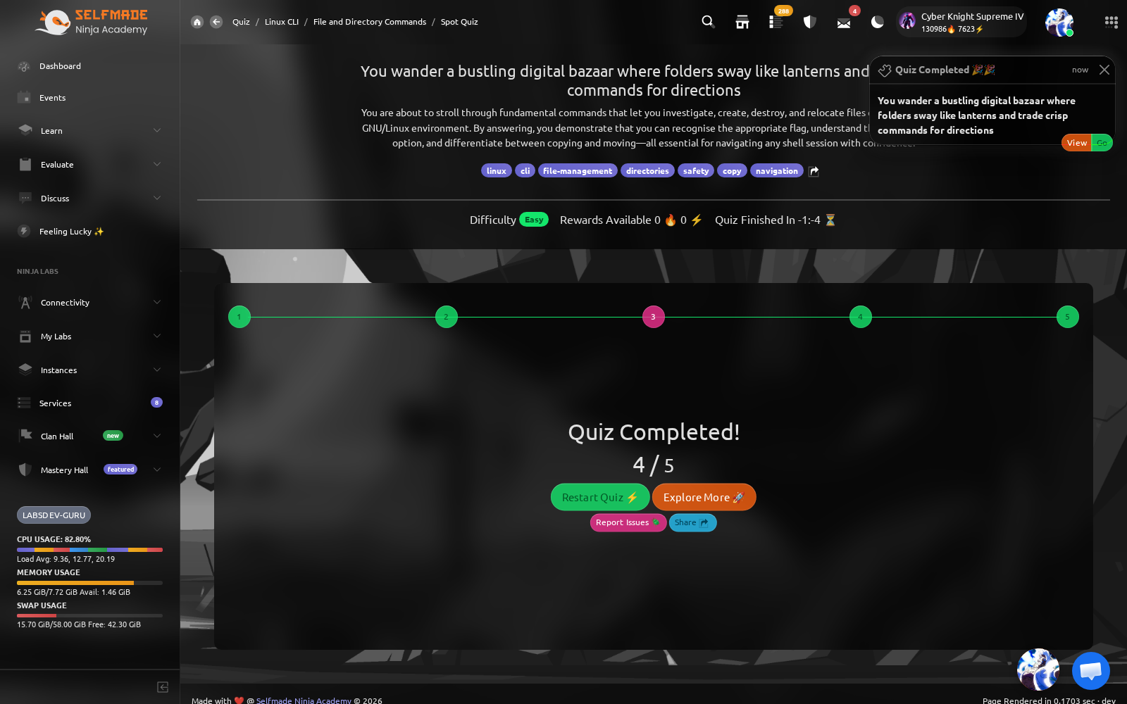 The Quiz Completed! screen showing 4 / 5, the third progress dot in red, Rewards Available 0 and 0, and the Restart Quiz, Explore More, Report Issues and Share buttons.